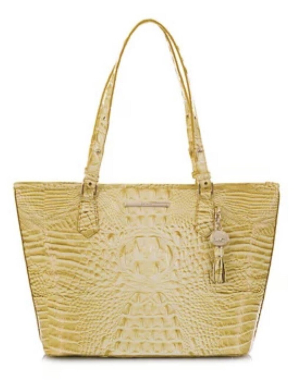 Brahmin Rich Pale Yellow Croc-Embossed Leather Tote with Tassel Charm